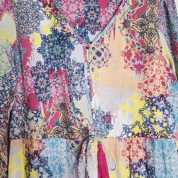 Reba Vintage Boho Patchwork Multi Print Bell Sleeve Midi Dress Med Garden Girl - Picture 5 of 13